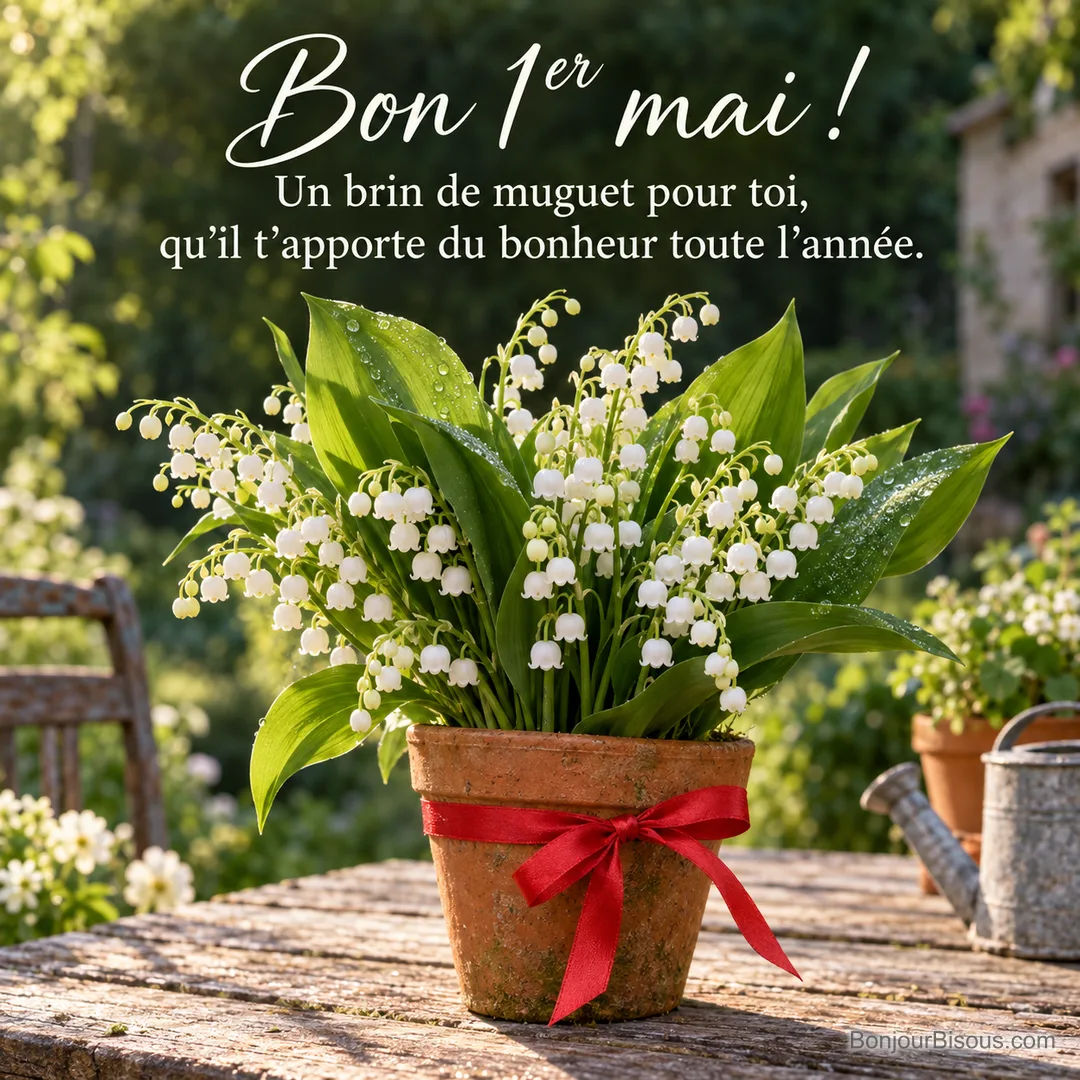 Photo d’un pot en terre cuite rempli de muguet couvert de rosée, noué d’un ruban rouge, sur une table de jardin en bois avec un arrosoir en zinc, avec le texte « Bon 1er mai ! Un brin de muguet pour toi, qu’il t’apporte du bonheur toute l’année. » Photo d’un pot en terre cuite rempli de muguet couvert de rosée, noué d’un ruban rouge, sur une table de jardin en bois avec un arrosoir en zinc, avec le texte « Bon 1er mai ! Un brin de muguet pour toi, qu’il t’apporte du bonheur toute l’année. »