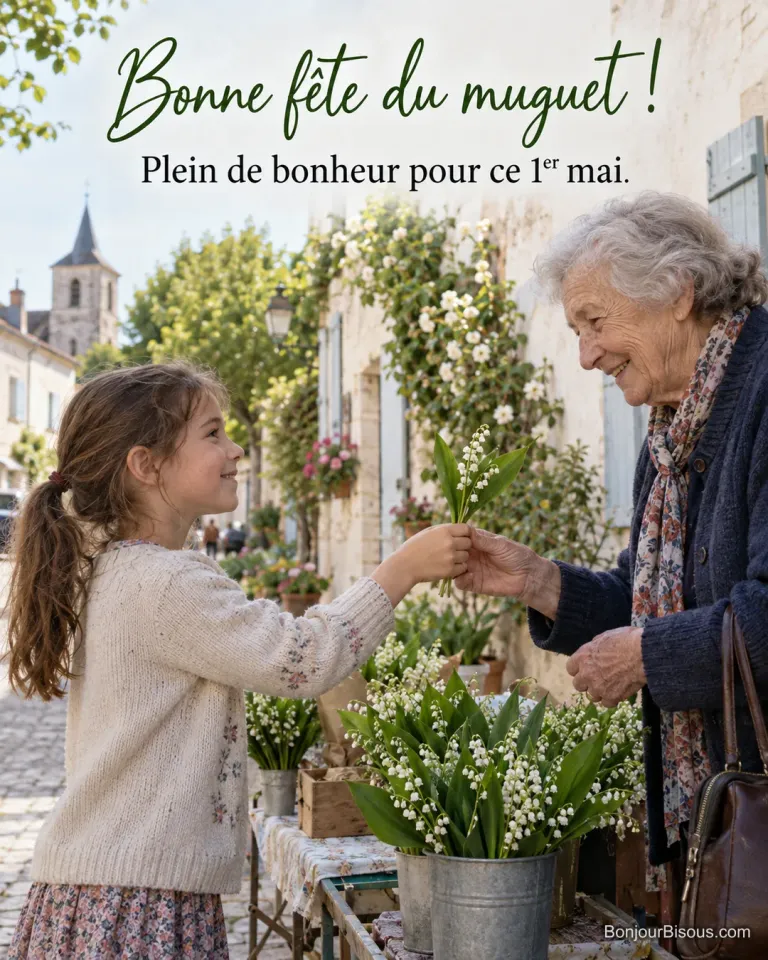 Photo d’une petite fille qui tend un brin de muguet à une dame âgée souriante, devant une table de seaux de muguet dans une rue de village fleurie, avec le texte « Bonne fête du muguet ! Plein de bonheur pour ce 1er mai. »