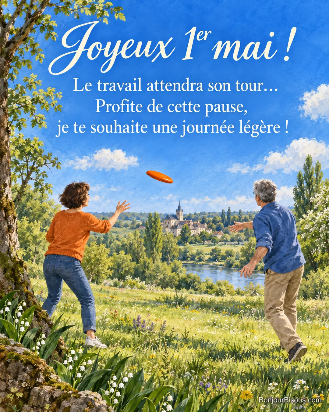 Deux amis jouent au frisbee orange dans une prairie printanière bordée de muguet, avec le texte « Joyeux 1er mai ! Le travail attendra son tour… Profite de cette pause, je te souhaite une journée légère ! ». Deux amis jouent au frisbee orange dans une prairie printanière bordée de muguet, avec le texte « Joyeux 1er mai ! Le travail attendra son tour… Profite de cette pause, je te souhaite une journée légère ! ».