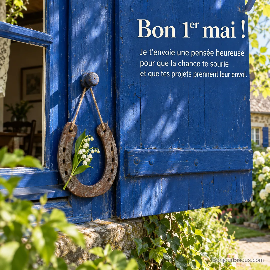 Un fer à cheval porte-bonheur est suspendu à une fenêtre bleue avec un brin de muguet, avec le texte « Bon 1er mai ! Je t’envoie une pensée heureuse pour que la chance te sourie et que tes projets prennent leur envol. ». Un fer à cheval porte-bonheur est suspendu à une fenêtre bleue avec un brin de muguet, avec le texte « Bon 1er mai ! Je t’envoie une pensée heureuse pour que la chance te sourie et que tes projets prennent leur envol. ».