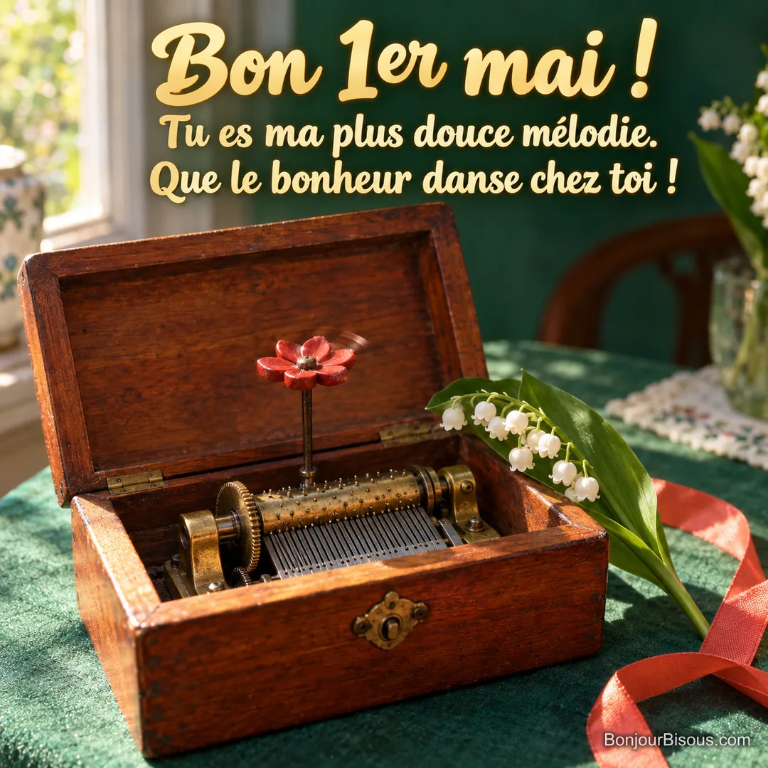 Une boîte à musique fleurie et un brin de muguet composent un cadeau plein de tendresse, avec le texte « Bon 1er mai ! Tu es ma plus douce mélodie. Que le bonheur danse chez toi ! ». Une boîte à musique fleurie et un brin de muguet composent un cadeau plein de tendresse, avec le texte « Bon 1er mai ! Tu es ma plus douce mélodie. Que le bonheur danse chez toi ! ».
