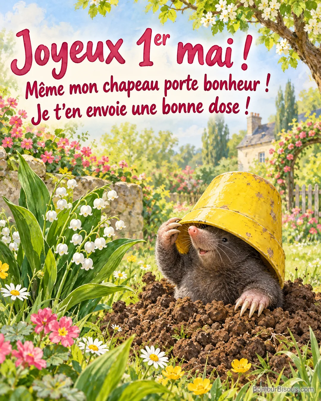 Une taupe soulève un godet de jardinage trop grand pour elle, près du muguet, avec le texte « Joyeux 1er mai ! Même mon chapeau porte bonheur ! Je t’en envoie une bonne dose ! ». Une taupe soulève un godet de jardinage trop grand pour elle, près du muguet, avec le texte « Joyeux 1er mai ! Même mon chapeau porte bonheur ! Je t’en envoie une bonne dose ! ».