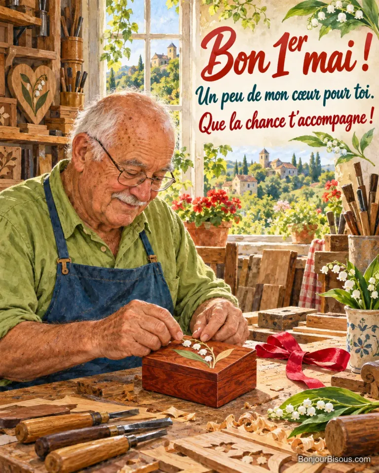 Un marqueteur incruste une fleur de muguet en bois dans le couvercle d’un cadeau, avec le texte « Bon 1er mai ! Un peu de mon cœur pour toi. Que la chance t’accompagne ! ».