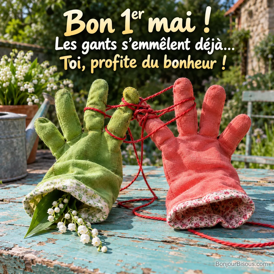 Deux gants de jardin se retrouvent tout emmêlés dans une ficelle rouge près d’un brin de muguet, avec le texte « Bon 1er mai ! Les gants s’emmêlent déjà… Toi, profite du bonheur ! ». Deux gants de jardin se retrouvent tout emmêlés dans une ficelle rouge près d’un brin de muguet, avec le texte « Bon 1er mai ! Les gants s’emmêlent déjà… Toi, profite du bonheur ! ».