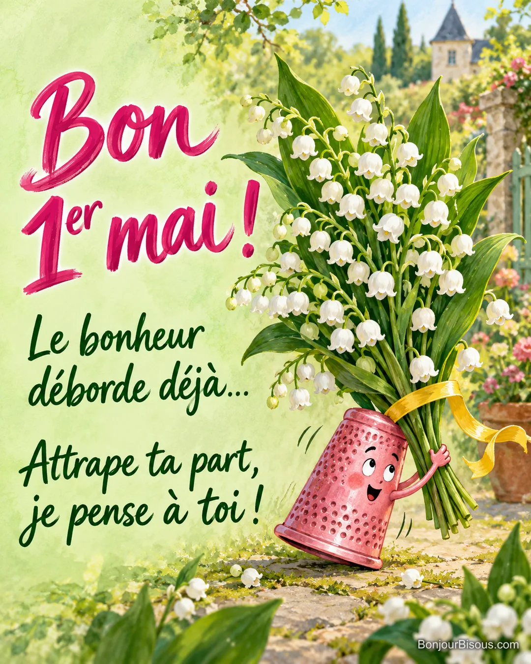 Un dé à coudre rose souriant retient une brassée de muguet beaucoup trop grande pour lui, avec le texte « Bon 1er mai ! Le bonheur déborde déjà… Attrape ta part, je pense à toi ! ». Un dé à coudre rose souriant retient une brassée de muguet beaucoup trop grande pour lui, avec le texte « Bon 1er mai ! Le bonheur déborde déjà… Attrape ta part, je pense à toi ! ».