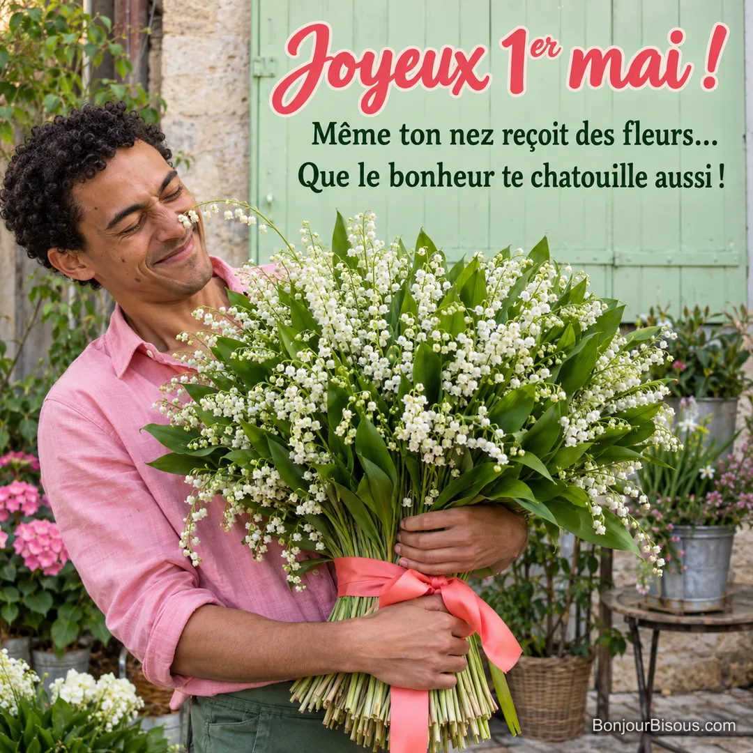 Un jeune fleuriste retient un grand bouquet de muguet dont une tige lui chatouille le nez, avec le texte « Joyeux 1er mai ! Même ton nez reçoit des fleurs… Que le bonheur te chatouille aussi ! ». Un jeune fleuriste retient un grand bouquet de muguet dont une tige lui chatouille le nez, avec le texte « Joyeux 1er mai ! Même ton nez reçoit des fleurs… Que le bonheur te chatouille aussi ! ».