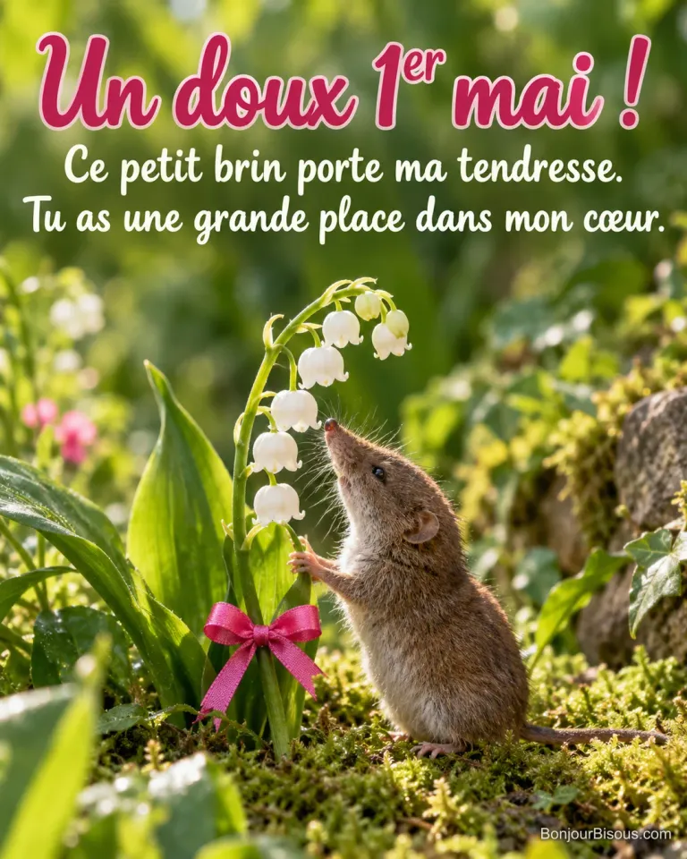 Une petite musaraigne serre délicatement une tige de muguet nouée de rose sur la mousse, avec le texte « Un doux 1er mai ! Ce petit brin porte ma tendresse. Tu as une grande place dans mon cœur. ».