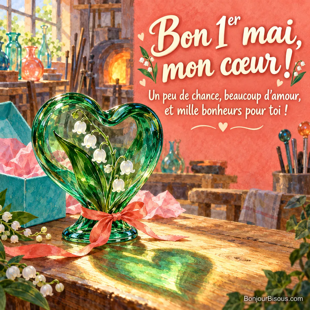Un cœur en verre soufflé entoure du muguet blanc dans un coffret cadeau turquoise, avec le texte « Bon 1er mai, mon cœur ! Un peu de chance, beaucoup d’amour, et mille bonheurs pour toi ! ». Un cœur en verre soufflé entoure du muguet blanc dans un coffret cadeau turquoise, avec le texte « Bon 1er mai, mon cœur ! Un peu de chance, beaucoup d’amour, et mille bonheurs pour toi ! ».