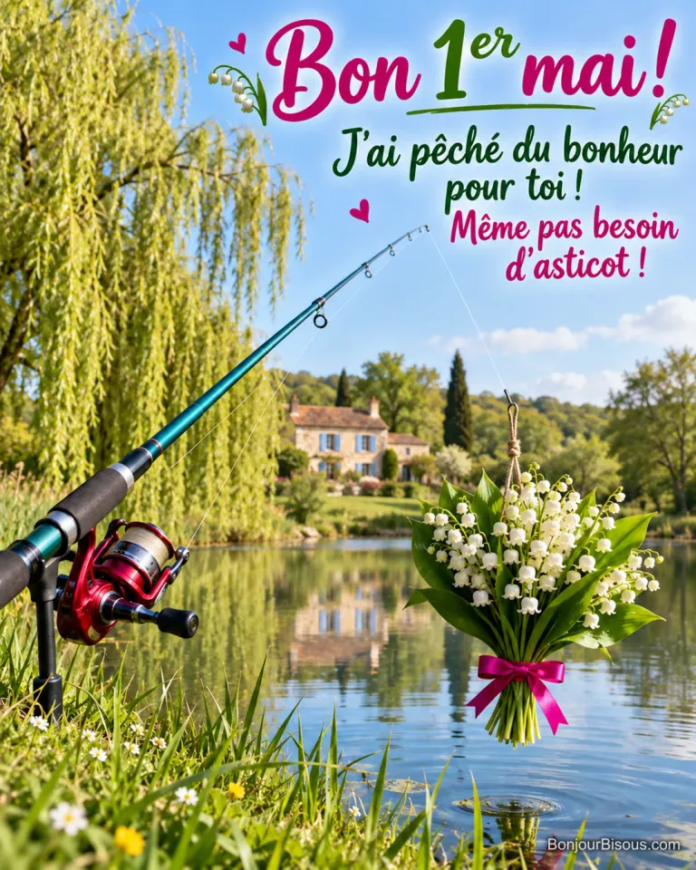 Une canne et son moulinet ont attrapé un bouquet de muguet noué de rose au-dessus d’un étang, avec le message « Bon 1er mai ! J’ai pêché du bonheur pour toi ! Même pas besoin d’asticot ! ».