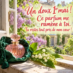 Un ancien flacon de parfum rose sans marque et un brin de muguet évoquent tendrement une personne chère, avec le message « Un doux 1er mai ! Ce parfum me ramène à toi. Tu restes tout près de mon cœur ! ».