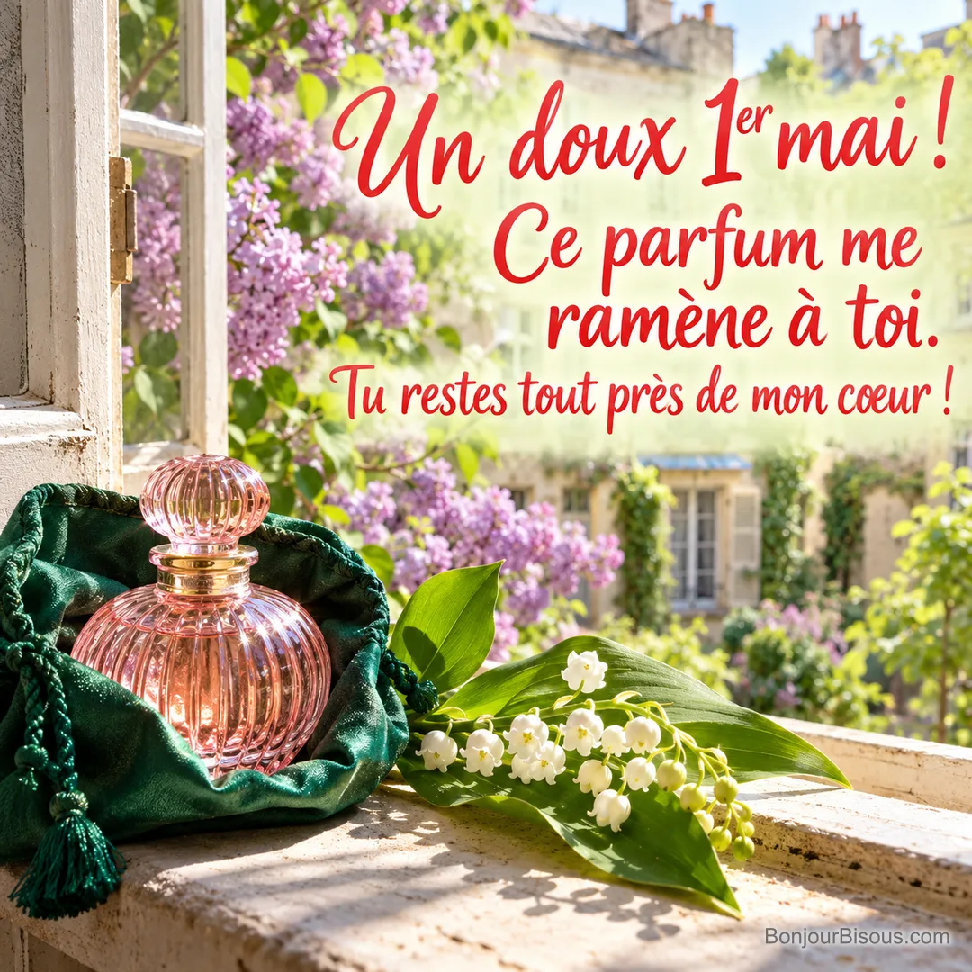 Un ancien flacon de parfum rose sans marque et un brin de muguet évoquent tendrement une personne chère, avec le message « Un doux 1er mai ! Ce parfum me ramène à toi. Tu restes tout près de mon cœur ! ».