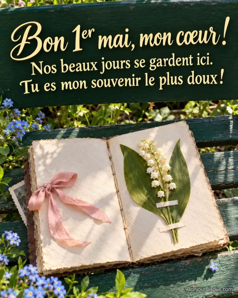 Un herbier ouvert conserve un brin de muguet et un petit ruban rose en souvenir de beaux jours partagés, avec le message « Bon 1er mai, mon cœur ! Nos beaux jours se gardent ici. Tu es mon souvenir le plus doux ! ».