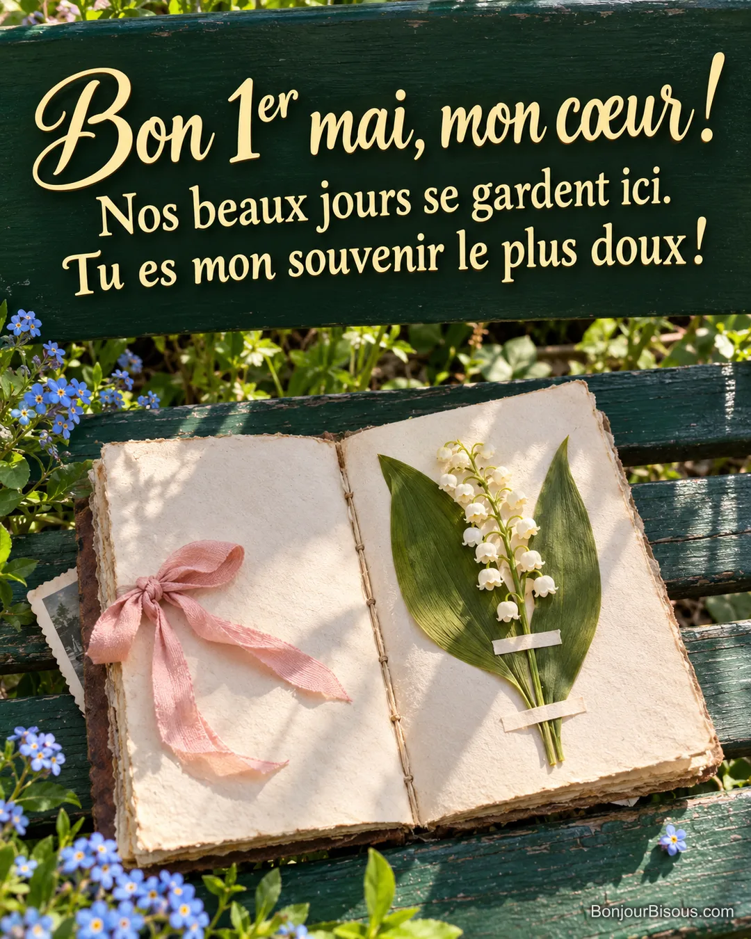 Un herbier ouvert conserve un brin de muguet et un petit ruban rose en souvenir de beaux jours partagés, avec le message « Bon 1er mai, mon cœur ! Nos beaux jours se gardent ici. Tu es mon souvenir le plus doux ! ».