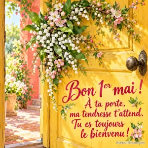 Une couronne de muguet et de fleurs de pommier accueille un proche sur une porte jaune entrouverte, avec le message « Bon 1er mai ! À ta porte, ma tendresse t’attend. Tu es toujours le bienvenu ! ».