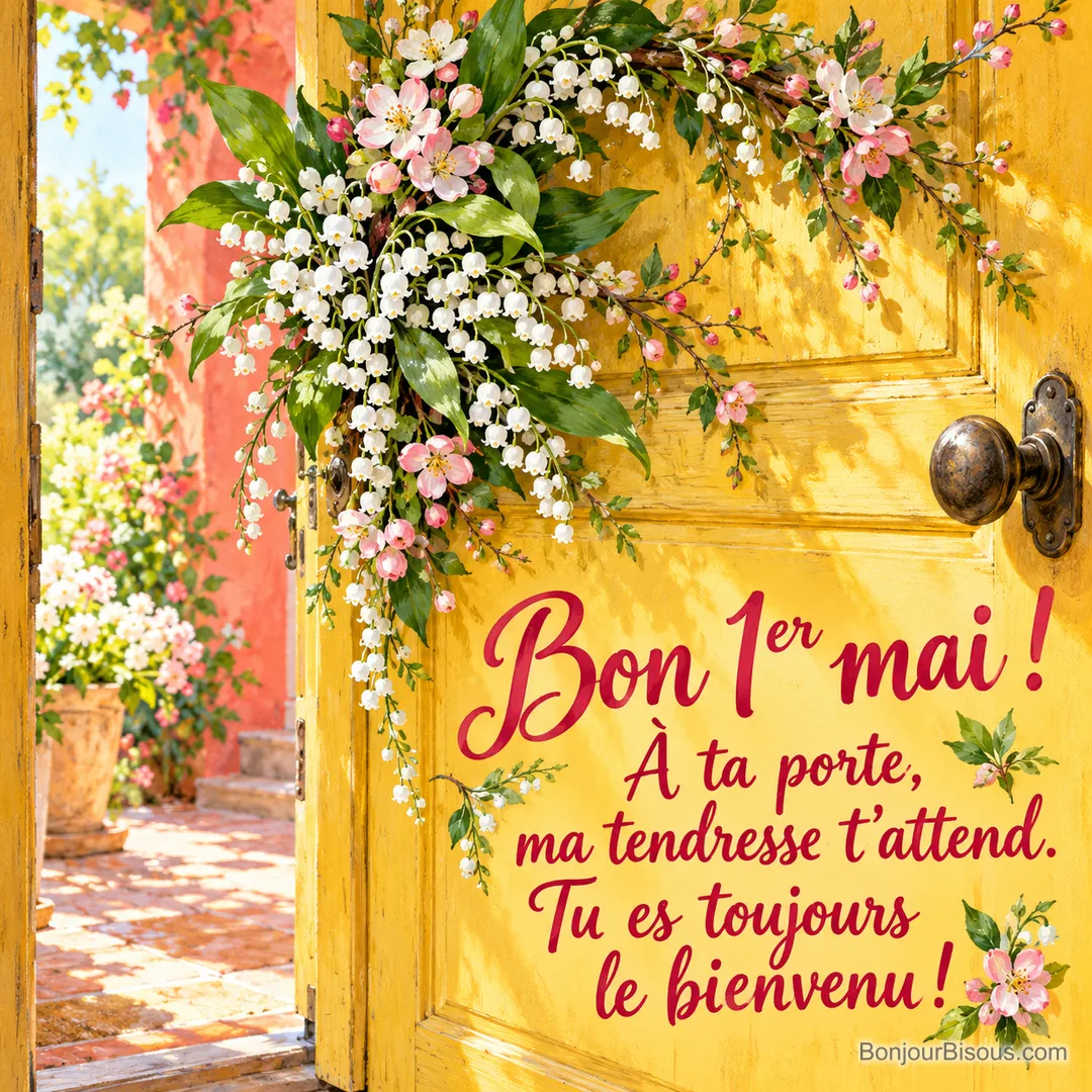 Une couronne de muguet et de fleurs de pommier accueille un proche sur une porte jaune entrouverte, avec le message « Bon 1er mai ! À ta porte, ma tendresse t’attend. Tu es toujours le bienvenu ! ».
