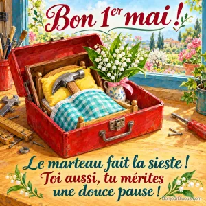 Un marteau repose dans un lit miniature aménagé dans une caisse à outils rouge, près d’un vase de muguet, avec le message « Bon 1er mai ! Le marteau fait la sieste ! Toi aussi, tu mérites une douce pause ! ».