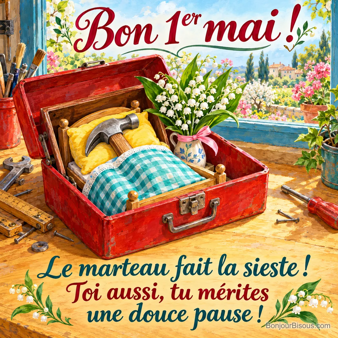 Un marteau repose dans un lit miniature aménagé dans une caisse à outils rouge, près d’un vase de muguet, avec le message « Bon 1er mai ! Le marteau fait la sieste ! Toi aussi, tu mérites une douce pause ! ».