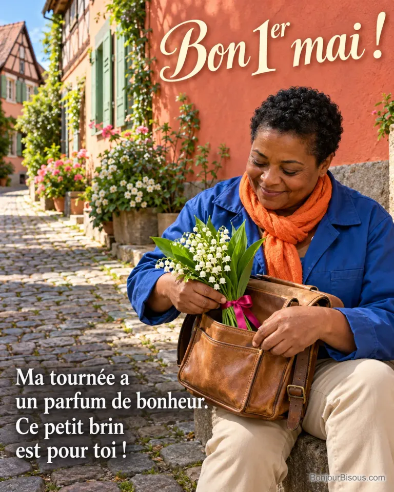 Une factrice glisse un bouquet de muguet noué de rose dans la poche de sa sacoche en cuir, avec le message « Bon 1er mai ! Ma tournée a un parfum de bonheur. Ce petit brin est pour toi ! ».