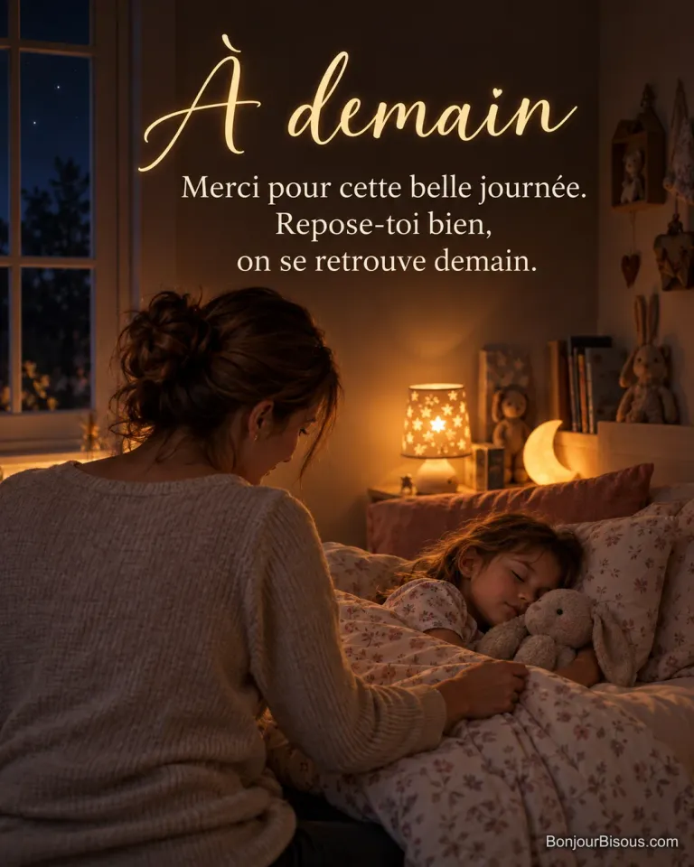 Photo d’une mère vue de dos qui borde sa petite fille endormie contre un lapin en peluche, veilleuse étoilée et lune lumineuse dans une chambre d’enfant, avec le texte « À demain – Merci pour cette belle journée. Repose-toi bien, on se retrouve demain. »