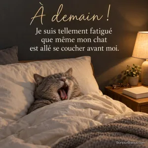 Photo d’un chat gris couché sous la couette, la tête sur l’oreiller, qui bâille, à côté d’une lampe de chevet, de lunettes et d’un livre, avec le texte « À demain ! Je suis tellement fatigué que même mon chat est allé se coucher avant moi. »