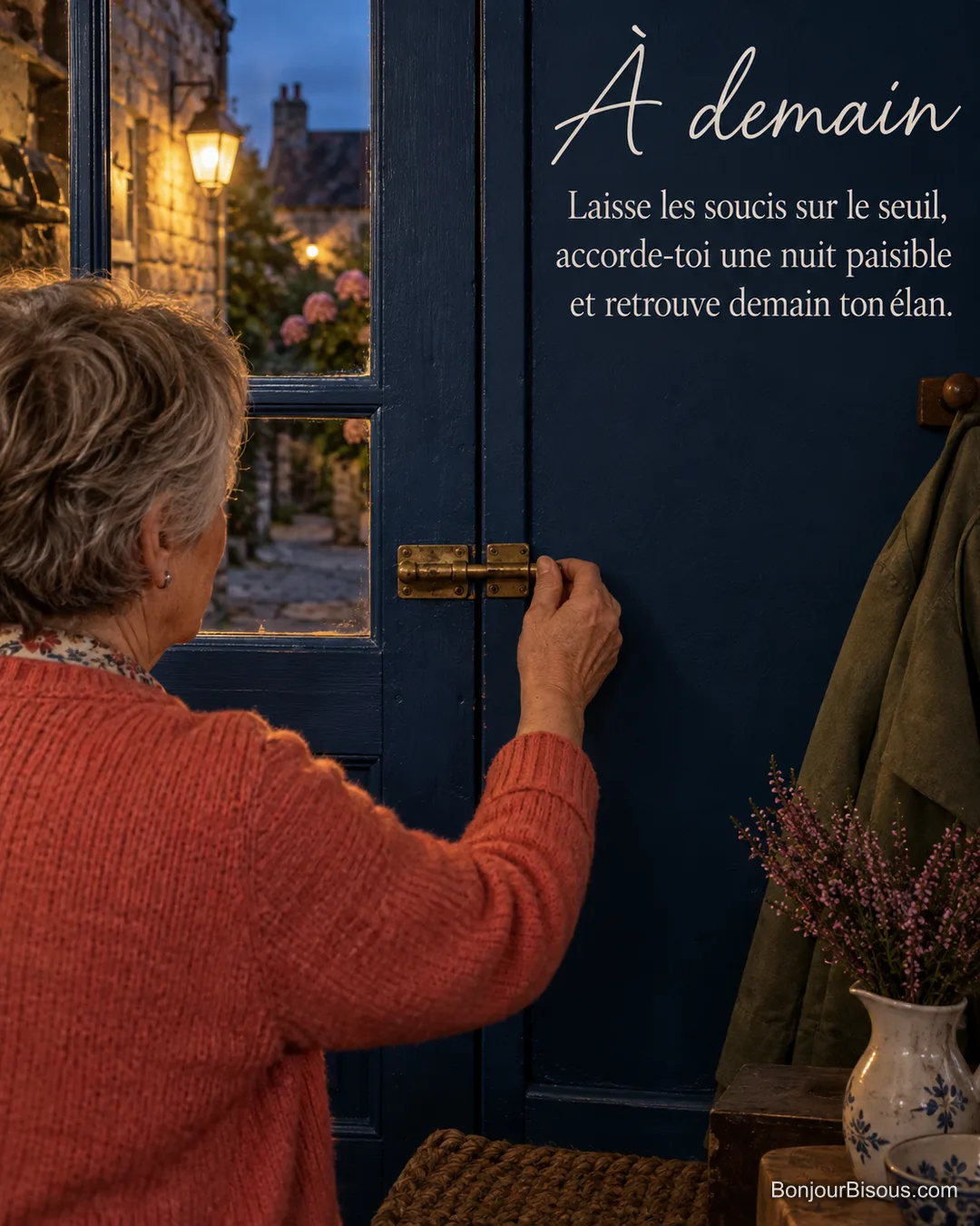 Une femme ferme le loquet d’une porte bleue dans une entrée bretonne au soir, avec le texte « À demain Laisse les soucis sur le seuil, accorde-toi une nuit paisible et retrouve demain ton élan. » Une femme ferme le loquet d’une porte bleue dans une entrée bretonne au soir, avec le texte « À demain Laisse les soucis sur le seuil, accorde-toi une nuit paisible et retrouve demain ton élan. »