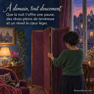 Une femme replie un paravent prune dans un salon parisien, près d’un chat endormi, avec le texte « À demain, tout doucement Que la nuit t’offre une pause, des rêves pleins de tendresse et un réveil le cœur léger. »