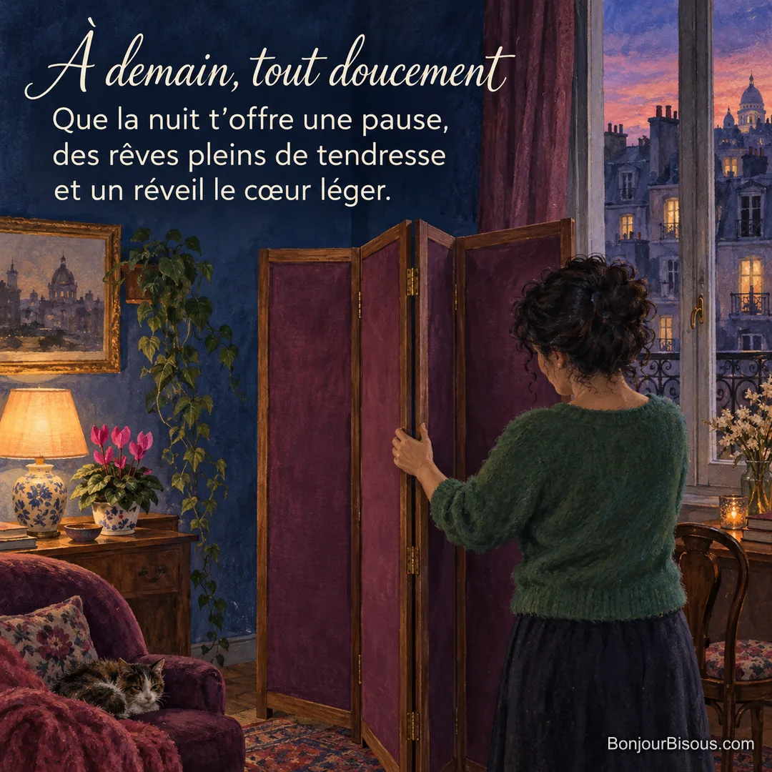 Une femme replie un paravent prune dans un salon parisien, près d’un chat endormi, avec le texte « À demain, tout doucement Que la nuit t’offre une pause, des rêves pleins de tendresse et un réveil le cœur léger. » Une femme replie un paravent prune dans un salon parisien, près d’un chat endormi, avec le texte « À demain, tout doucement Que la nuit t’offre une pause, des rêves pleins de tendresse et un réveil le cœur léger. »