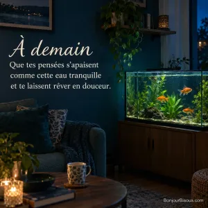 Trois petits poissons rouges nagent entre les plantes d’un aquarium éclairé dans la nuit, avec le texte « À demain Que tes pensées s’apaisent comme cette eau tranquille et te laissent rêver en douceur. »