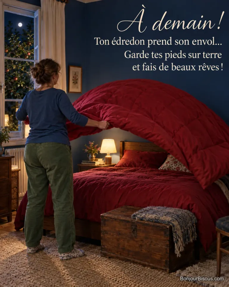 Une femme secoue un grand édredon rouge qui se gonfle au-dessus du lit, avec le texte « À demain ! Ton édredon prend son envol… Garde tes pieds sur terre et fais de beaux rêves ! »