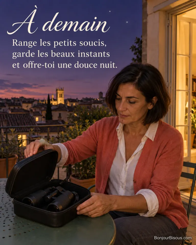 Une femme range ses jumelles dans leur étui sur une terrasse montpelliéraine à la tombée de la nuit, avec le texte « À demain Range les petits soucis, garde les beaux instants et offre-toi une douce nuit. ».