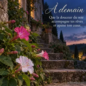 Des belles-de-nuit roses et blanches s’ouvrent près d’un escalier de pierre au crépuscule estival en Dordogne, avec le texte « À demain Que la douceur du soir accompagne tes rêves et apaise ton cœur. ».