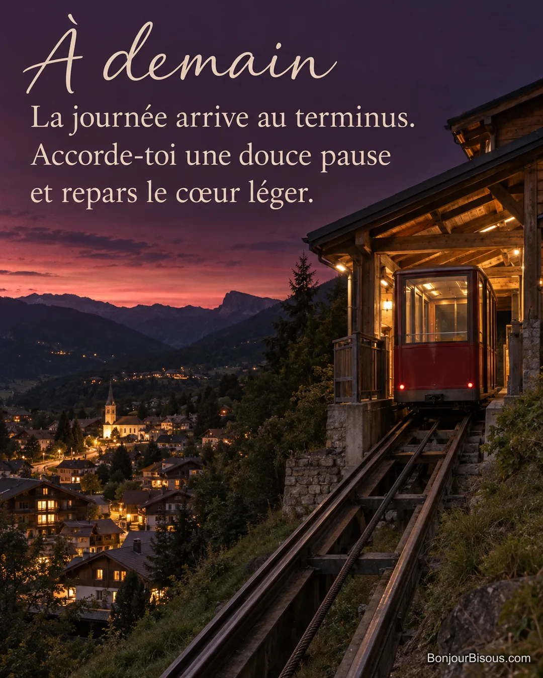 Une petite cabine de funiculaire rouge rejoint sa station illuminée au-dessus d’un village du Savoie à la nuit tombée, avec le texte « À demain La journée arrive au terminus. Accorde-toi une douce pause et repars le cœur léger. ». Une petite cabine de funiculaire rouge rejoint sa station illuminée au-dessus d’un village du Savoie à la nuit tombée, avec le texte « À demain La journée arrive au terminus. Accorde-toi une douce pause et repars le cœur léger. ».