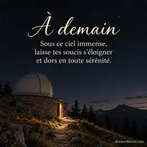 La coupole fermée d’un petit observatoire se détache sous les étoiles d’une nuit claire du Queyras, avec le texte « À demain Sous ce ciel immense, laisse tes soucis s’éloigner et dors en toute sérénité. ».