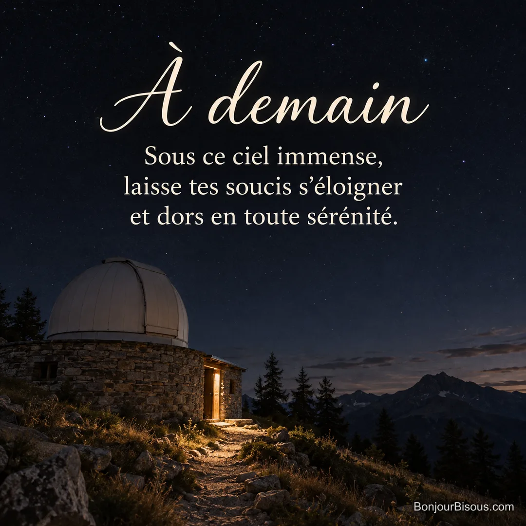 La coupole fermée d’un petit observatoire se détache sous les étoiles d’une nuit claire du Queyras, avec le texte « À demain Sous ce ciel immense, laisse tes soucis s’éloigner et dors en toute sérénité. ». La coupole fermée d’un petit observatoire se détache sous les étoiles d’une nuit claire du Queyras, avec le texte « À demain Sous ce ciel immense, laisse tes soucis s’éloigner et dors en toute sérénité. ».