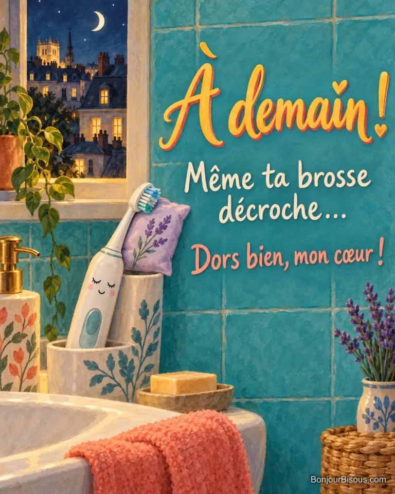 Une brosse à dents aux yeux clos pose sa tête sur un petit oreiller dans une salle de bains nocturne, avec le texte « À demain ! Même ta brosse décroche… Dors bien, mon cœur ! ».