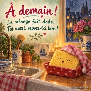 Une éponge jaune bâille dans son porte-savon rouge, coiffée du coin d’un torchon, avec le texte « À demain ! Le ménage fait dodo… Toi aussi, repose-toi bien ! ».