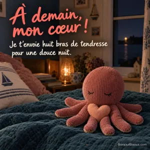 Un doudou poulpe rose à huit bras serre un cœur de tissu sur une courtepointe, près d’une fenêtre nocturne, avec le texte « À demain, mon cœur ! Je t’envoie huit bras de tendresse pour une douce nuit. ».