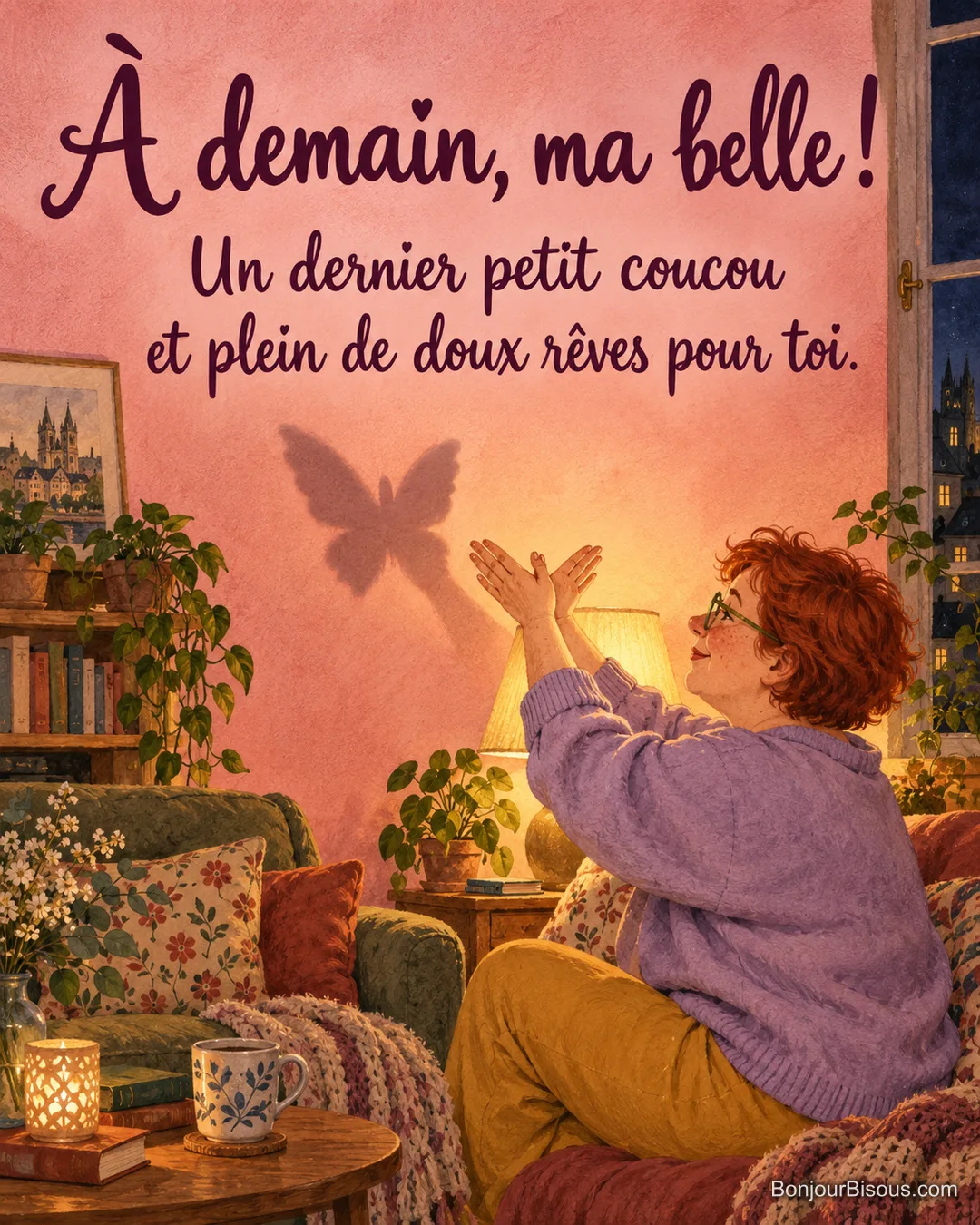 Une jeune femme en pull lilas crée une ombre de papillon avec ses mains dans un salon éclairé le soir, avec le texte « À demain, ma belle ! Un dernier petit coucou et plein de doux rêves pour toi. ». Une jeune femme en pull lilas crée une ombre de papillon avec ses mains dans un salon éclairé le soir, avec le texte « À demain, ma belle ! Un dernier petit coucou et plein de doux rêves pour toi. ».