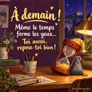 Un sablier coiffé d’un bonnet de nuit s’endort contre un petit coussin, avec le texte « À demain ! Même le temps ferme les yeux… Toi aussi, repose-toi bien ! ».
