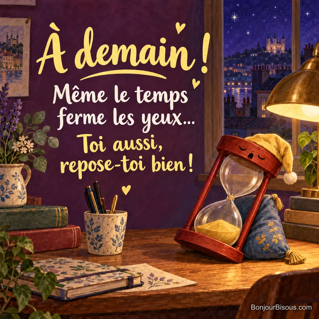 Un sablier coiffé d’un bonnet de nuit s’endort contre un petit coussin, avec le texte « À demain ! Même le temps ferme les yeux… Toi aussi, repose-toi bien ! ».