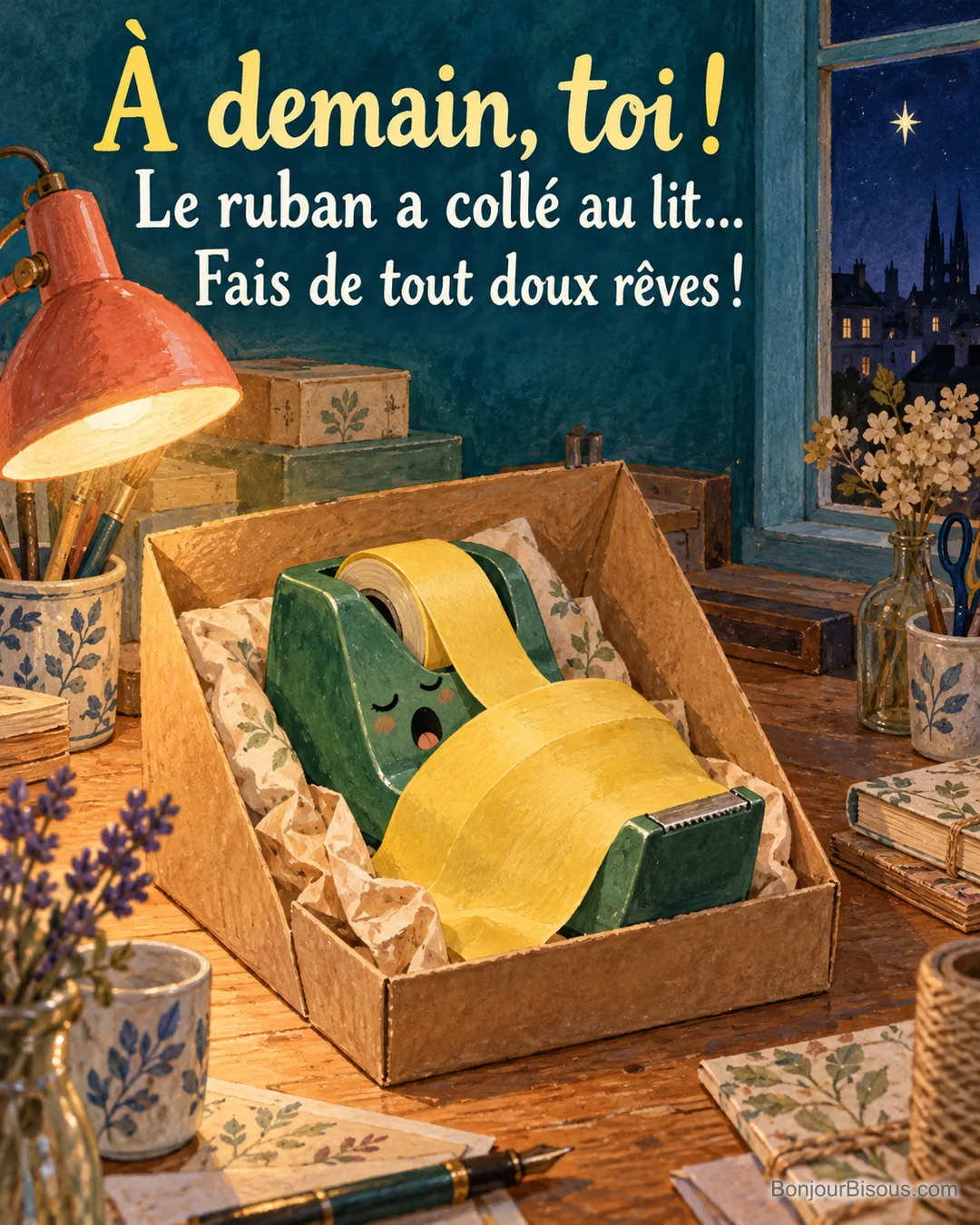 Un dévidoir d’adhésif se couche dans une boîte sous sa propre bande jaune, avec le texte « À demain, toi ! Le ruban a collé au lit… Fais de tout doux rêves ! ».