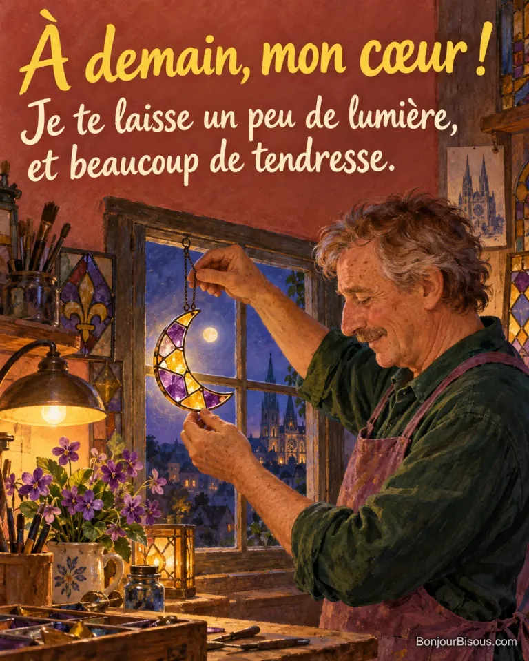 Un vitrailliste suspend une lune de verre mauve et ambre devant sa fenêtre nocturne, avec le texte « À demain, mon cœur ! Je te laisse un peu de lumière, et beaucoup de tendresse. ».