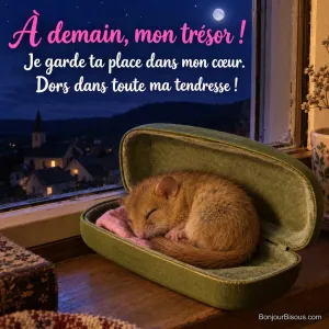 Un jeune muscardin dort dans un étui à lunettes vert pistache près d’une fenêtre nocturne, avec le texte « À demain, mon trésor ! Je garde ta place dans mon cœur. Dors dans toute ma tendresse ! ».
