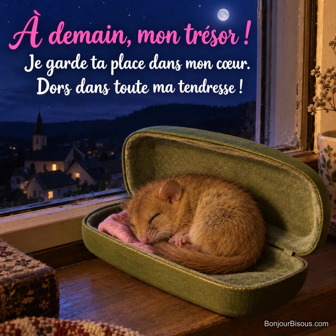 Un jeune muscardin dort dans un étui à lunettes vert pistache près d’une fenêtre nocturne, avec le texte « À demain, mon trésor ! Je garde ta place dans mon cœur. Dors dans toute ma tendresse ! ».