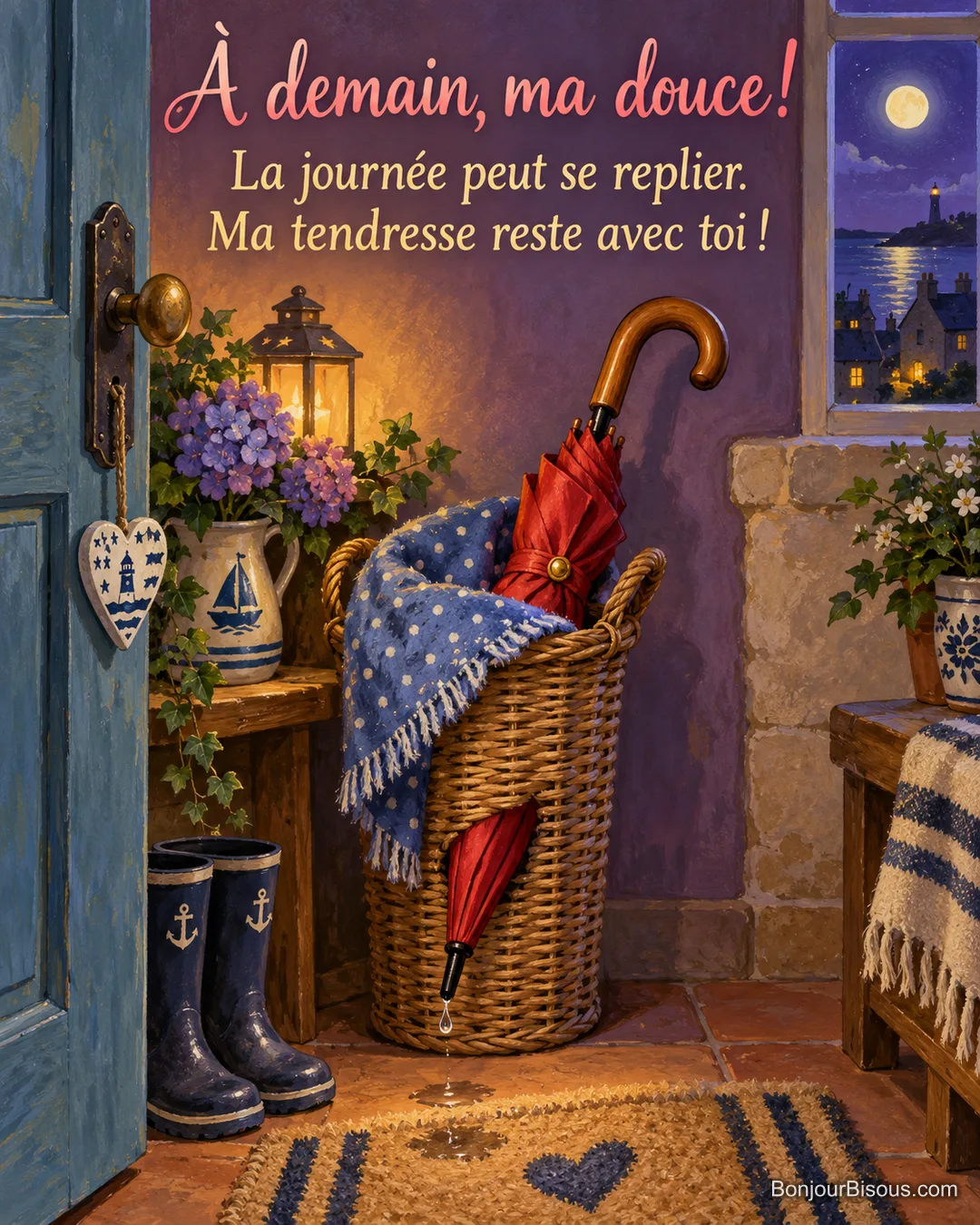 Un parapluie rouge replié est bordé sous une petite couette près d’une fenêtre nocturne, avec le texte « À demain, ma douce ! La journée peut se replier. Ma tendresse reste avec toi ! ».