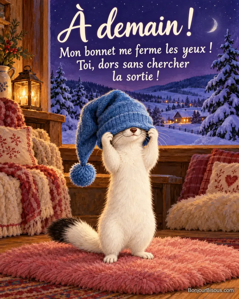 Une hermine blanche porte un bonnet de nuit bleu beaucoup trop grand qui recouvre ses yeux, avec le message « À demain ! Mon bonnet me ferme les yeux ! Toi, dors sans chercher la sortie ! ».