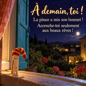 Une grande pince à linge en bois porte une minuscule chaussette rayée comme un bonnet de nuit, avec le message « À demain, toi ! La pince a mis son bonnet ! Accroche-toi seulement aux beaux rêves ! ».