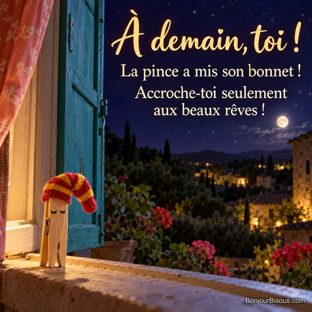 Une grande pince à linge en bois porte une minuscule chaussette rayée comme un bonnet de nuit, avec le message « À demain, toi ! La pince a mis son bonnet ! Accroche-toi seulement aux beaux rêves ! ».