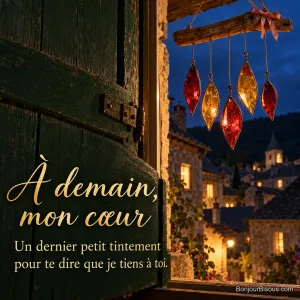 Un carillon de verre rouge et ambre suspend ses pétales lumineux devant une fenêtre nocturne, avec le message « À demain, mon cœur Un dernier petit tintement pour te dire que je tiens à toi. ».