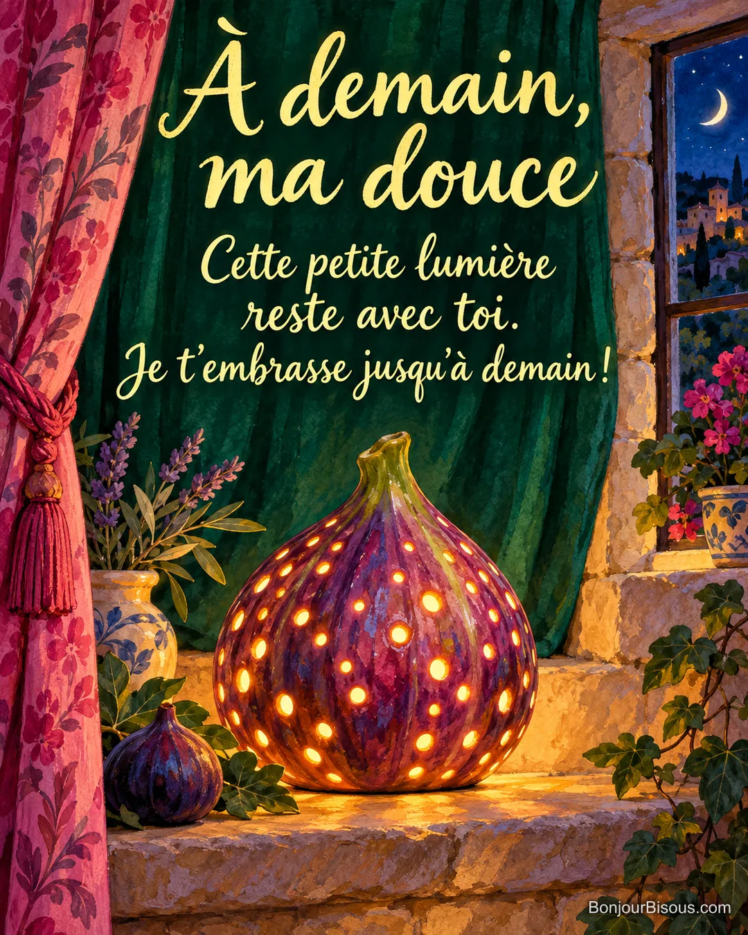 Une veilleuse artisanale en céramique en forme de figue violette éclaire doucement une alcôve nocturne, avec le message « À demain, ma douce Cette petite lumière reste avec toi. Je t’embrasse jusqu’à demain ! ».